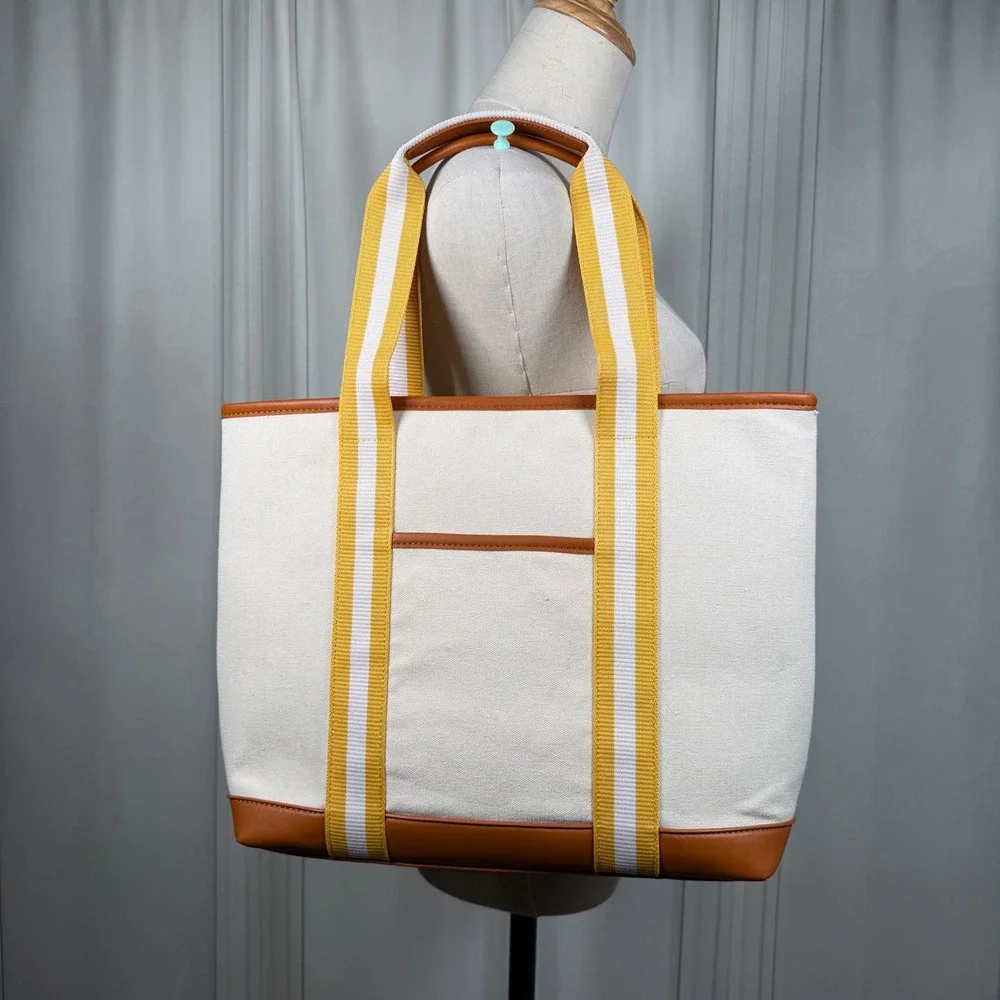 NWOT Striped Canvas XL‎ Tote Bag – Mustard Yellow & Cognac Faux Leather